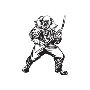 Clown with razors decal: black-and-white clown holding a straight razor.