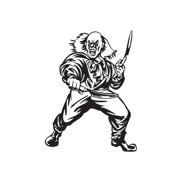 Clown with razors decal: black-and-white clown holding a straight razor.