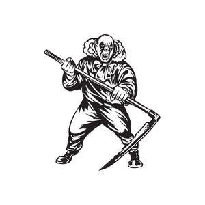 Clown with scythe decal, black-and-white graphic