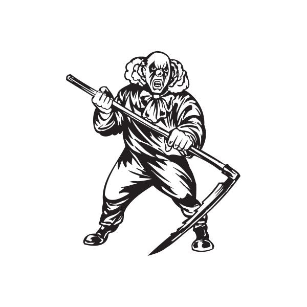 Clown with scythe decal, black-and-white graphic