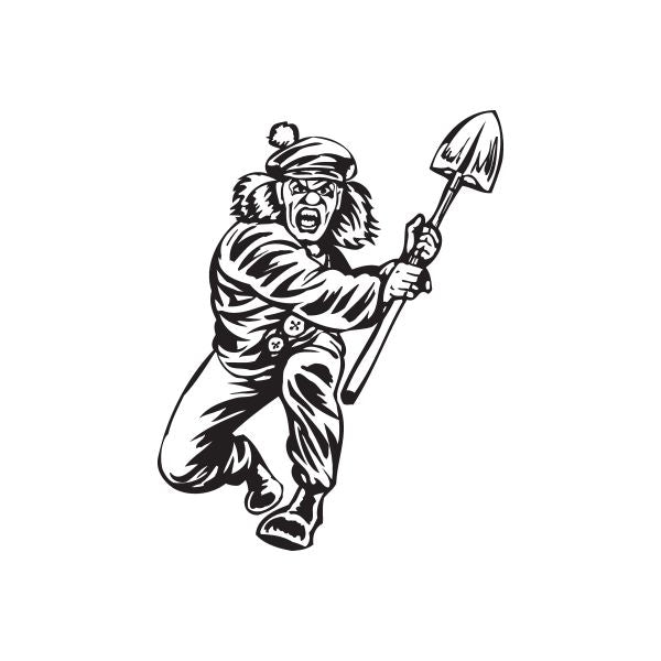 Black-and-white clown holding a shovel decal