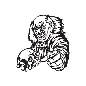 Clown skull decal graphic, black-and-white line art with snarling face and skull