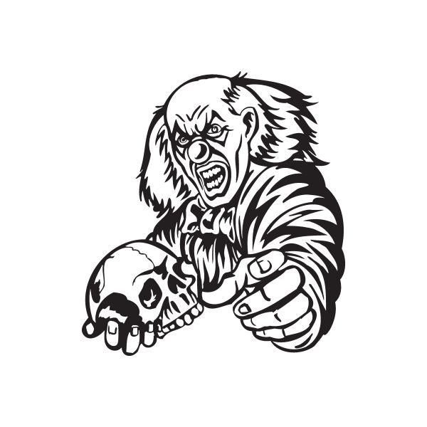 Clown skull decal graphic, black-and-white line art with snarling face and skull