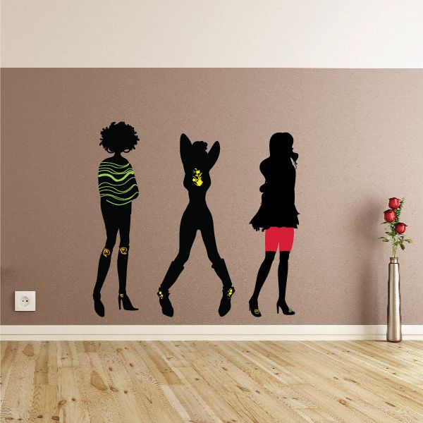 Dancing girls sticker set: three black silhouettes with heels, one in green striped top