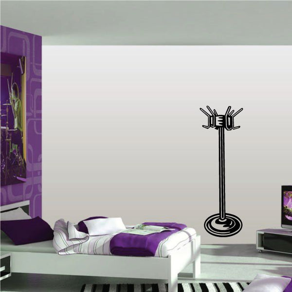 Coat rack wall decal with five hooks and round base, black outline