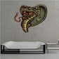 Cobra snake head sticker, dark green and gold with open mouth and fangs