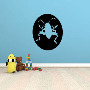 Round roach wall decal, black circle with light-blue silhouette