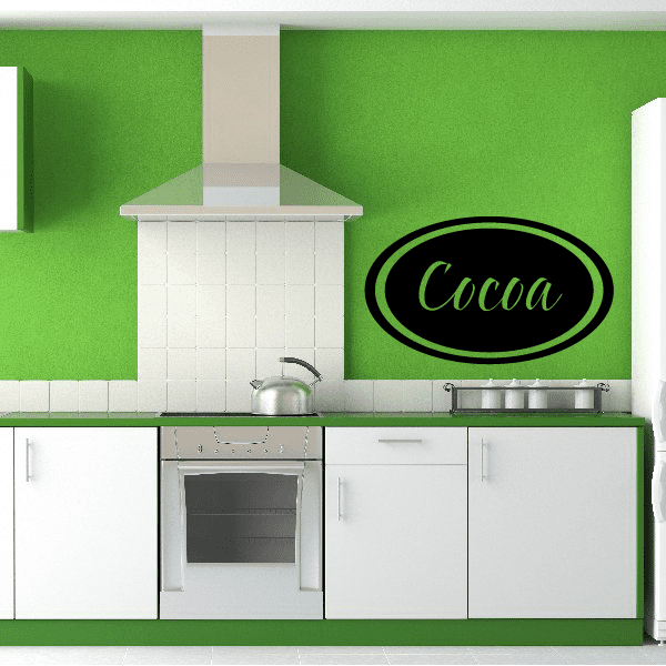 Cocoa oval wall decal with black oval border and cursive 'Cocoa' lettering