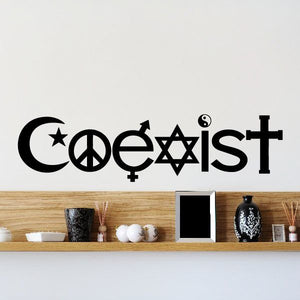Coexist decal in black, stylized lettering with peace symbols