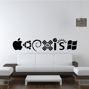 Wall decal featuring black and white operating system icons and logos