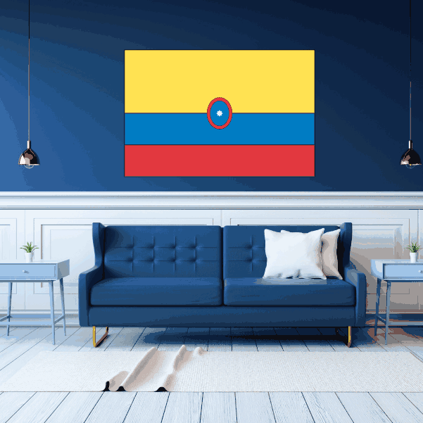 Colombia flag sticker, yellow top, blue center, red bottom stripes with circular emblem