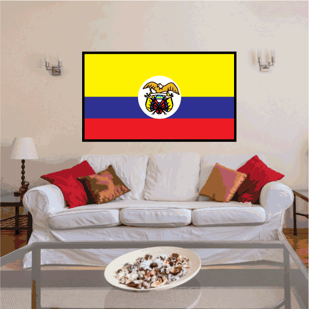 Colombia flag sticker, rectangular with yellow, blue, red stripes and coat of arms