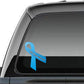 Vinyl awareness ribbon sticker with blue ribbon and curved banner on car window.