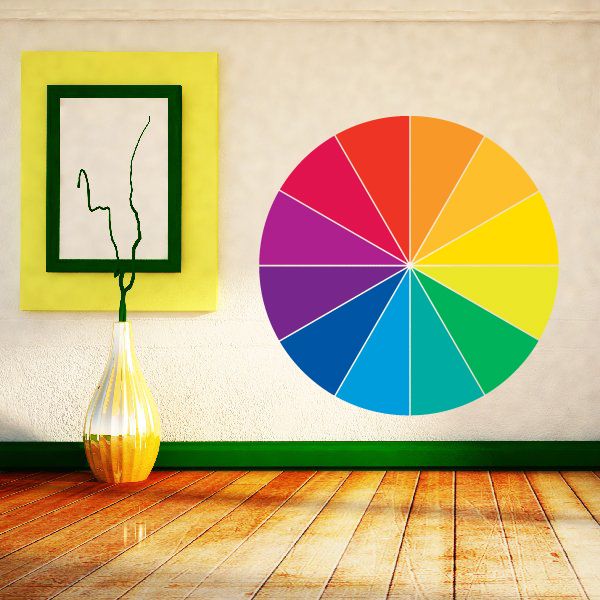 Color wheel round wall decal with multicolor wedge segments in a circle