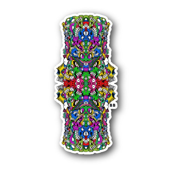 Colorful skull-eye vinyl sticker, ornate multicolor graphic with white border