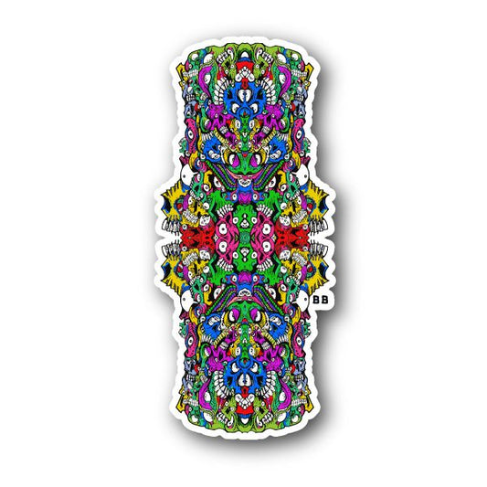 Colorful skull-eye vinyl sticker, ornate multicolor graphic with white border