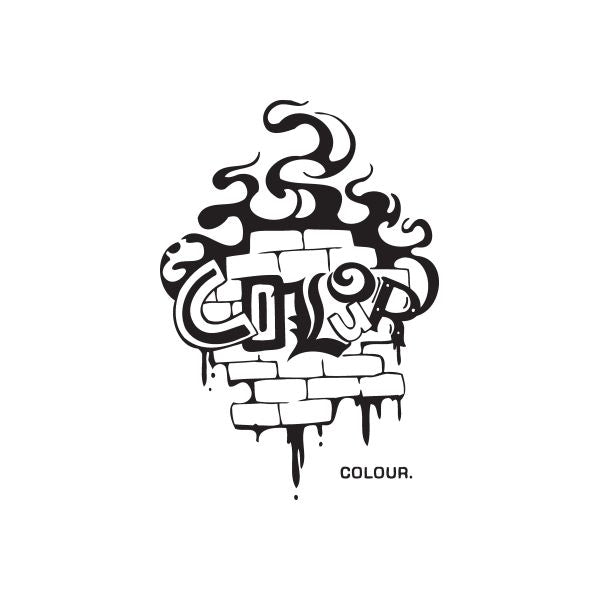 Graffiti style wall decal with black and white brick, swirl and drips design