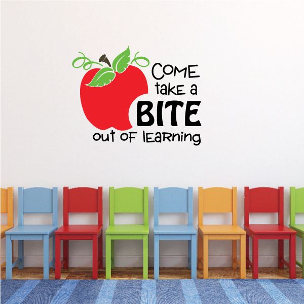 Red apple learning wall decal with 'Come take a bite out of learning' wording