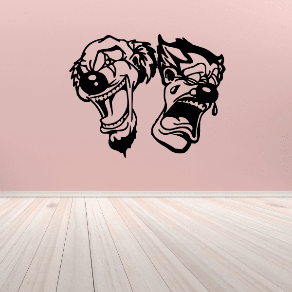 Wall decal of two clown faces, black line art with smiling and crying masks
