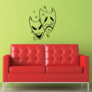 Comedy and tragedy masks decal with smiling and frowning faces, black outline