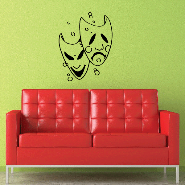 Comedy and tragedy masks decal with smiling and frowning faces, black outline