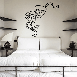 Comedy and tragedy masks decal with ribbon tails, black outline.