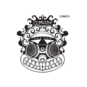 Black-and-white graffiti skull decal with headphones and COMEDY text