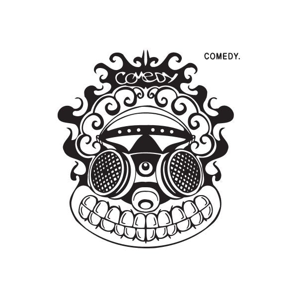 Black-and-white graffiti skull decal with headphones and COMEDY text