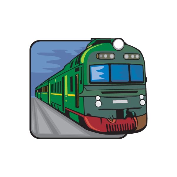Commuter train sticker featuring a green front-view train with blue windows