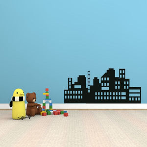 Black city skyline wall decal with detailed building silhouettes and windows