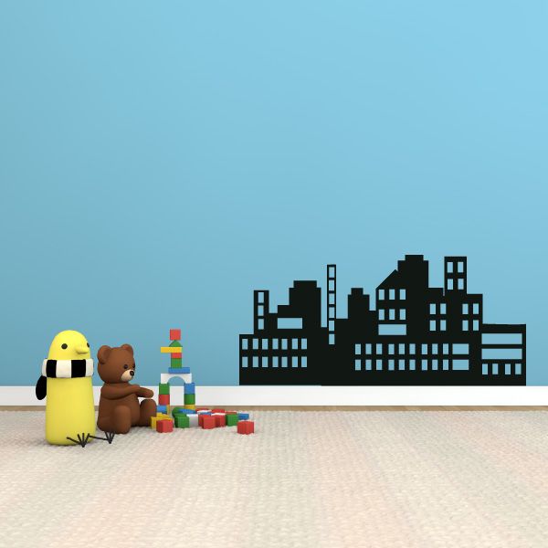 Black city skyline wall decal with detailed building silhouettes and windows