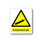 Compressed gas sign sticker, white border, yellow hazard triangle with black nozzle icon