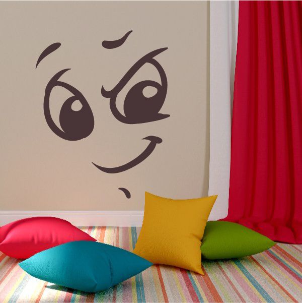 Dark brown confident face expression wall decal, arched eyebrows and smile
