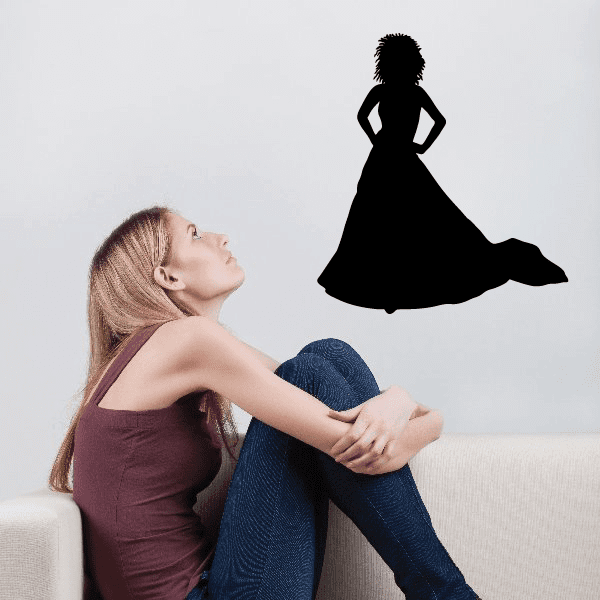 Bride silhouette wall decal of a woman in a flowing black gown, hands on waist
