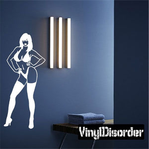 Bikini woman wall decal, white silhouette with hands on hips