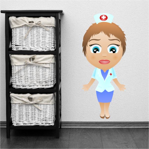 Cartoon nurse character sticker with red cross cap, light blue scrubs, blue shoes