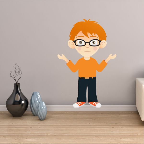 Confused redhead boy sticker, orange hair, glasses, orange shirt, raised hands