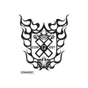Graffiti decal with black flame border, central shield with skull and crossed motifs