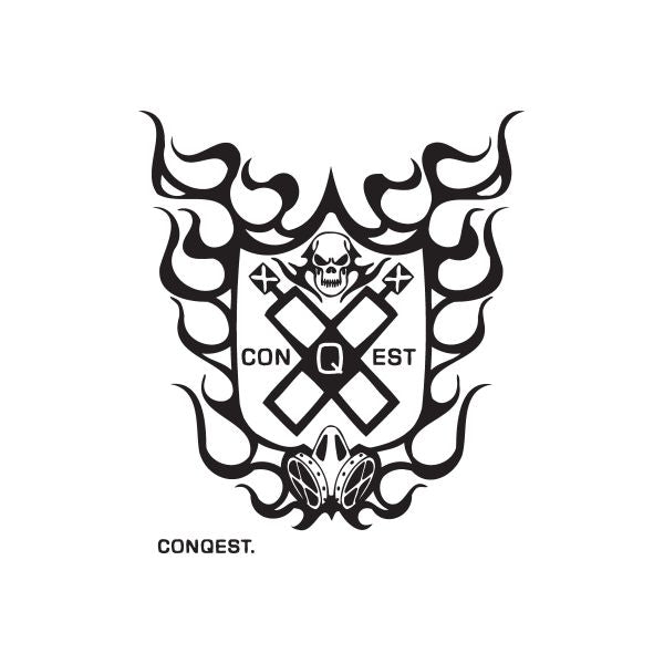 Graffiti decal with black flame border, central shield with skull and crossed motifs