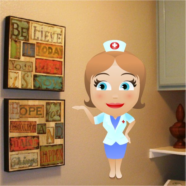 Cartoon nurse sticker with blue scrubs, red cap, and heart badge