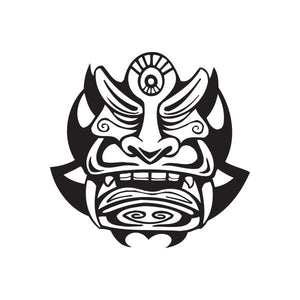 Tribal tiki mask decal with bold black-and-white line art face