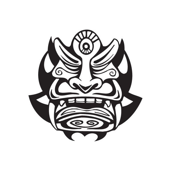 Tribal tiki mask decal with bold black-and-white line art face