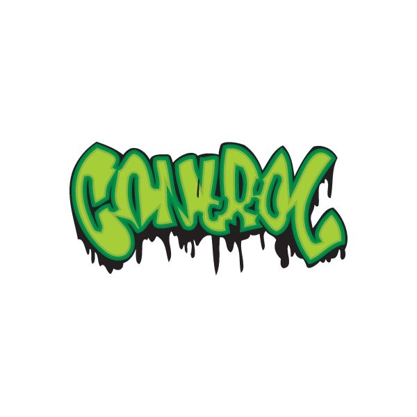 Control graffiti sticker, green outlined letters with black drips