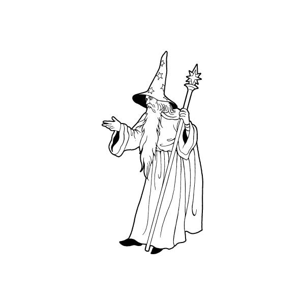 Hooded wizard decal holding two raised wands, line art