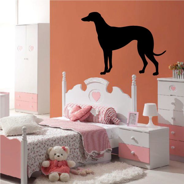 Black dog silhouette decal, standing with tail curved and long legs
