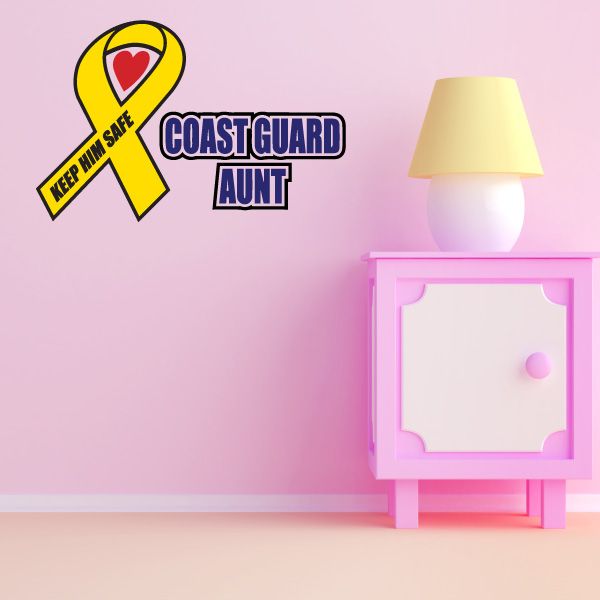 Printed die-cut decal with yellow ribbon, red heart, and Coast Guard Aunt text