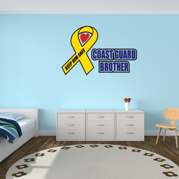 Coast Guard brother die-cut decal with yellow ribbon and heart, bold blue text