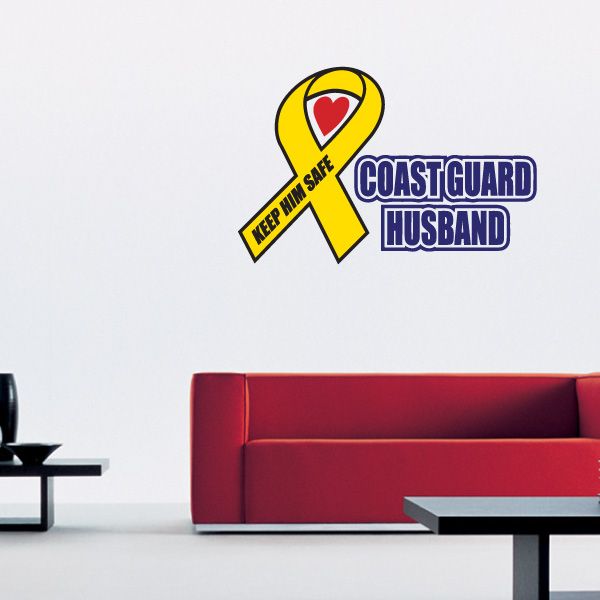 Coast Guard husband ribbon decal: yellow ribbon with heart emblem and KEEP HIM SAFE
