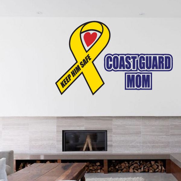 Die-cut decal featuring yellow ribbon with heart and text “COASTGUARD MOM”