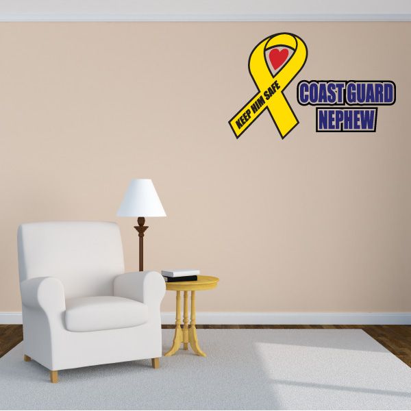 Yellow Coast Guard nephew ribbon decal with heart and KEEP PRAYERS SAFE text